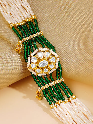 Gold Plated Pearl & Green Beaded Multi Strand Kundan Bracelet