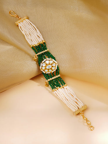 Gold Plated Pearl & Green Beaded Multi Strand Kundan Bracelet