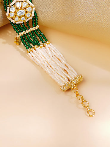 Gold Plated Pearl & Green Beaded Multi Strand Kundan Bracelet