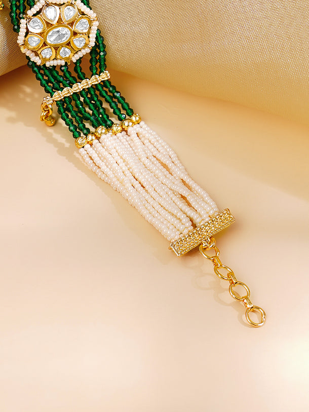 Gold Plated Pearl & Green Beaded Multi Strand Kundan Bracelet