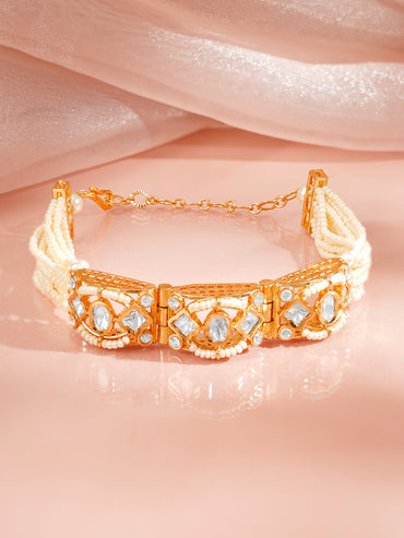 Gold Plated Pearl Beaded Kundan Bracelet
