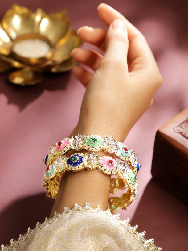 Rubans Set of 2 18K Gold-Plated Multicolor Enamel & Stone-Studded Floral Design Bangles