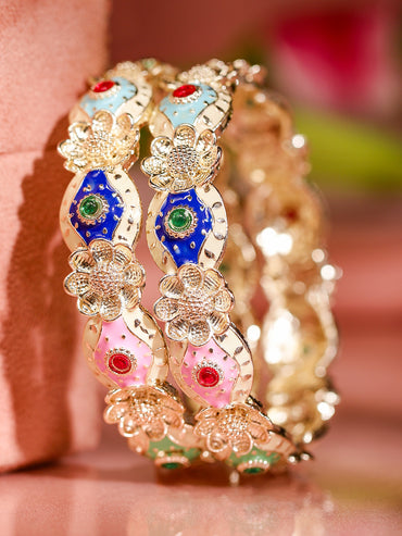 Rubans Set of 2 18K Gold-Plated Multicolor Enamel & Stone-Studded Floral Design Bangles