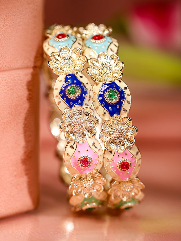 Rubans Set of 2 18K Gold-Plated Multicolor Enamel & Stone-Studded Floral Design Bangles