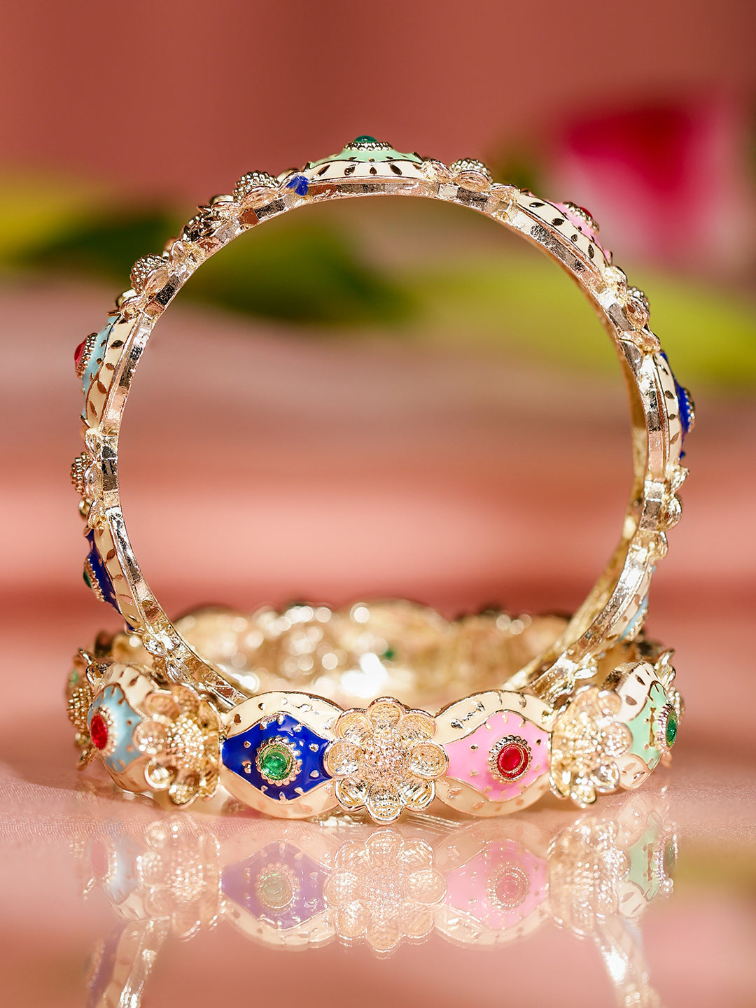 Rubans Set of 2 18K Gold-Plated Multicolor Enamel & Stone-Studded Floral Design Bangles