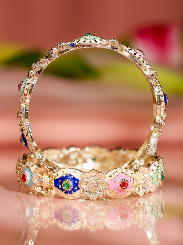 Rubans Set of 2 18K Gold-Plated Multicolor Enamel & Stone-Studded Floral Design Bangles