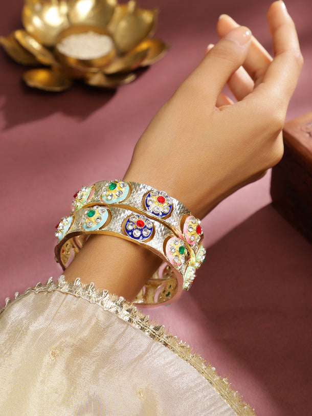 Rubans Set of 2 18K Gold-Plated Multicolor Enamel & Cubic Zirconia Studded Bangles