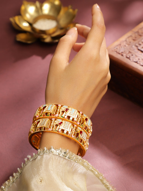 Multicolor Elephant Motif Golden Bangles Set of 2