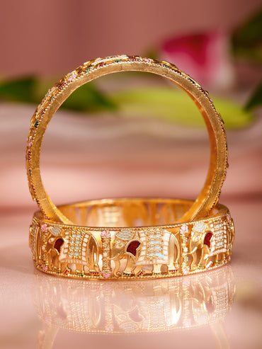 Rubans Set of 2 18K Gold-Plated Multicolor Enamel in Elephant Handcrafted Ethnic Bangles