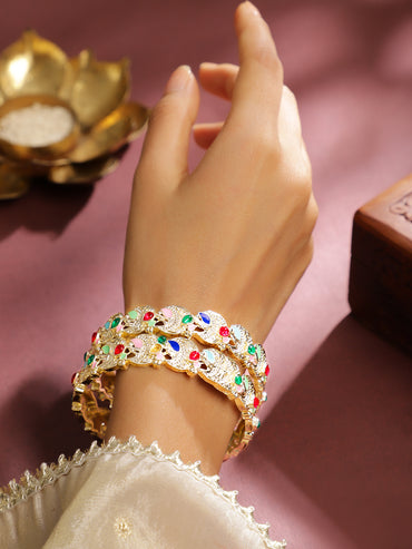 Rubans Set of 2 18K Gold-Plated Multicolor Enamel & Zirconia Stone Crescent Motif Bangles