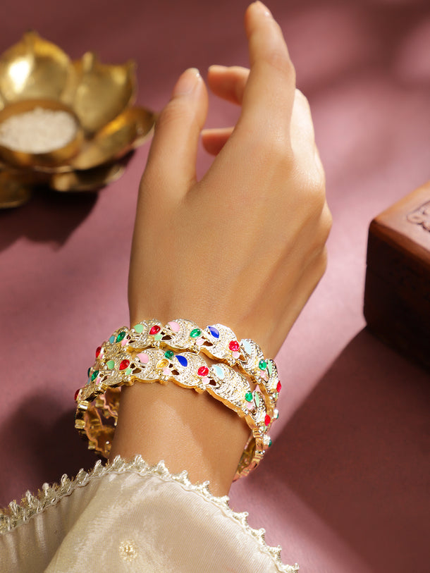 Rubans Set of 2 18K Gold-Plated Multicolor Enamel & Zirconia Stone Crescent Motif Bangles