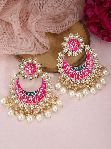 Rubans Gold Plated Handcrafted Pink Enamel Pearl Chandbali Earrings