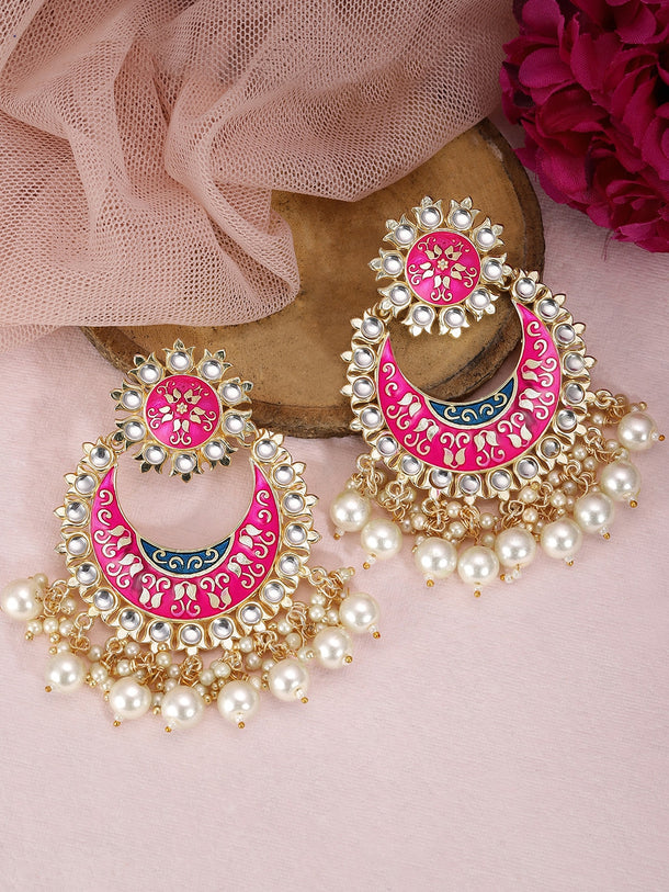 Rubans Gold Plated Handcrafted Pink Enamel Pearl Chandbali Earrings