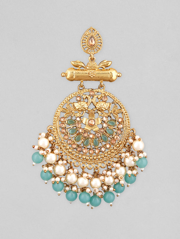 Rubans 18K Antique Gold-Plated Big Chandbali with Pearl & Turquoise Blue Bead Accents