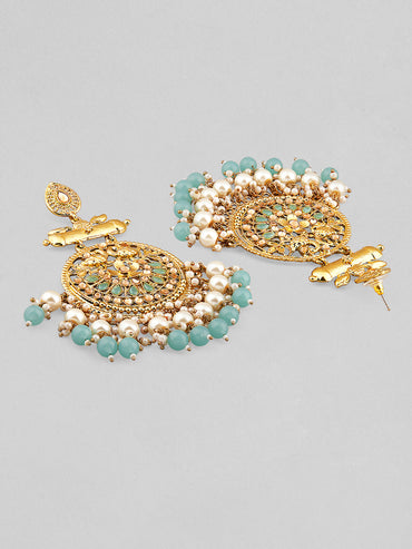 Rubans 18K Antique Gold-Plated Big Chandbali with Pearl & Turquoise Blue Bead Accents