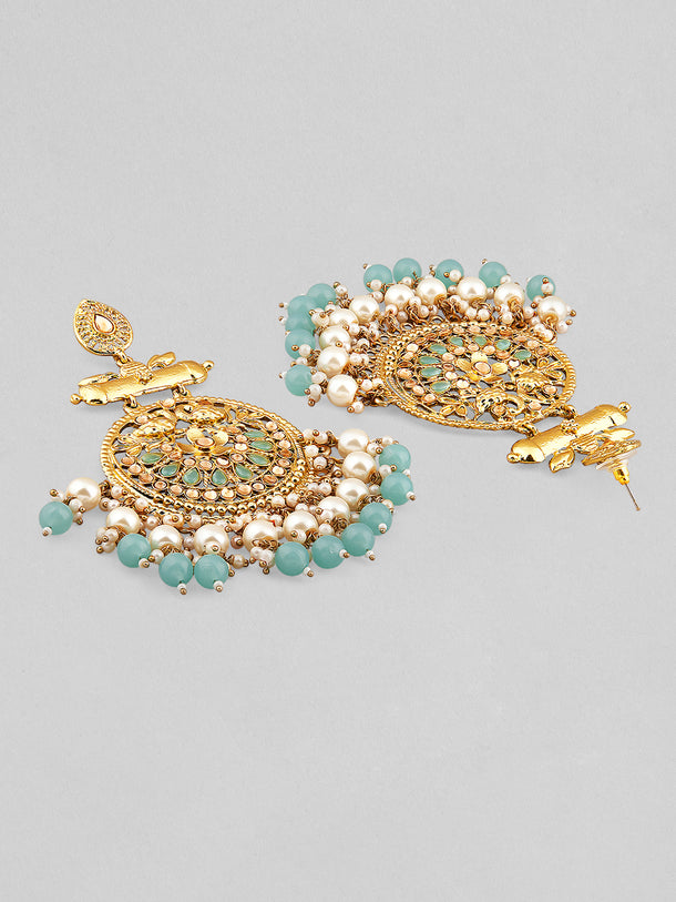 Rubans 18K Antique Gold-Plated Big Chandbali with Pearl & Turquoise Blue Bead Accents