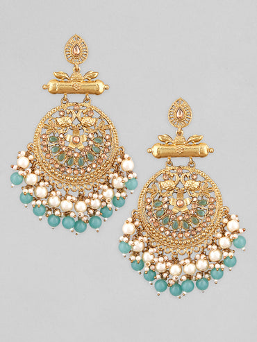 Rubans 18K Antique Gold-Plated Big Chandbali with Pearl & Turquoise Blue Bead Accents