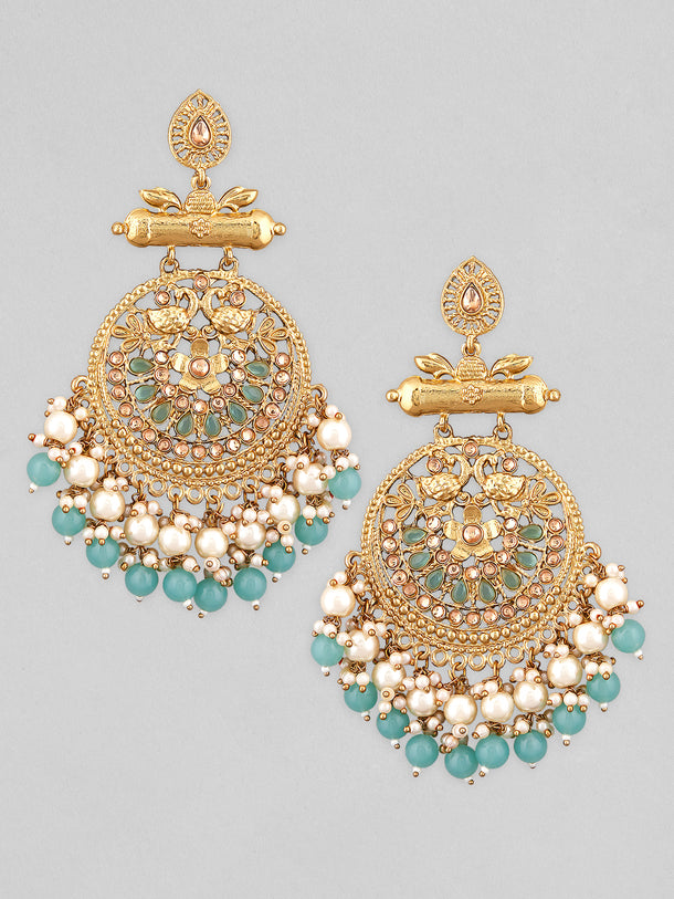 Rubans 18K Antique Gold-Plated Big Chandbali with Pearl & Turquoise Blue Bead Accents