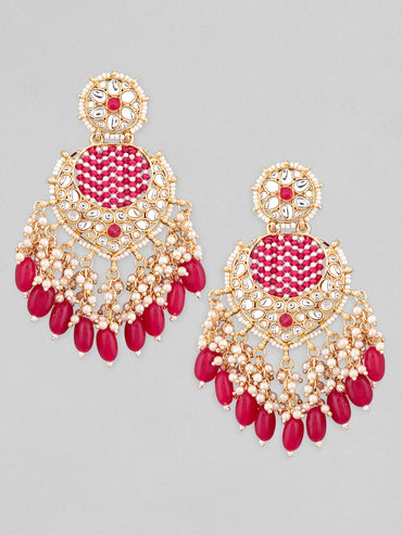 Rubans Gold Plated Chandbali Earrings With Pink And White Beads