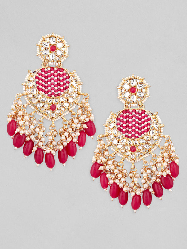 Rubans Gold Plated Chandbali Earrings With Pink And White Beads