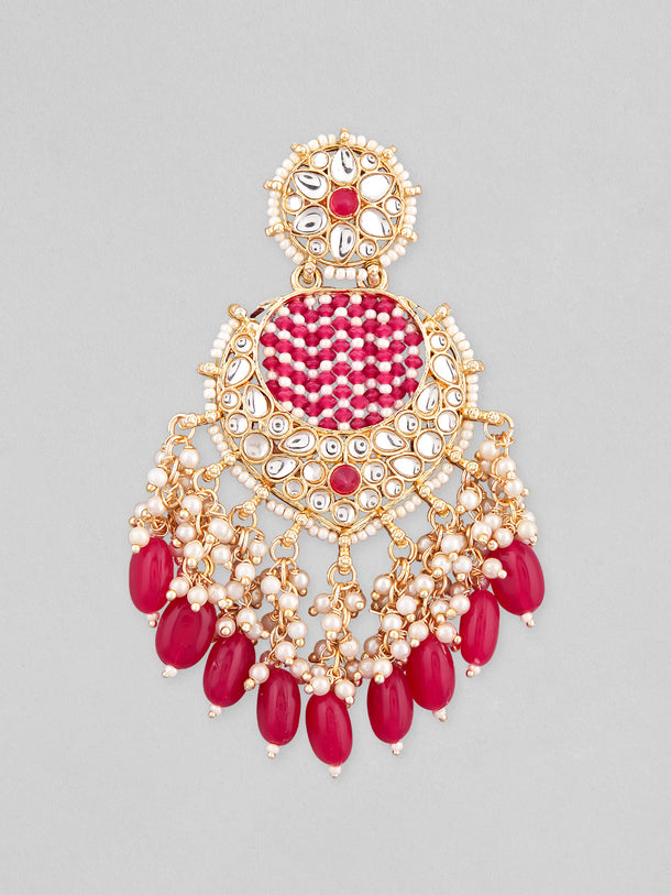Rubans Gold Plated Chandbali Earrings With Pink And White Beads
