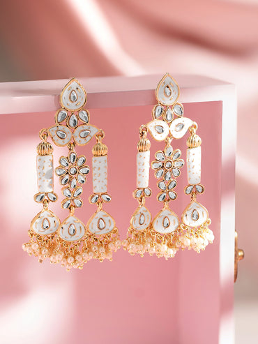Rubans Gold Plated Handcrafted Grey Enamel with Kundan & Pearls Drop Earrings