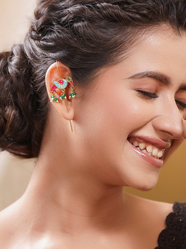 Gold Plated Brass Multicolour Enamel Bird Ear Cuff Earrings