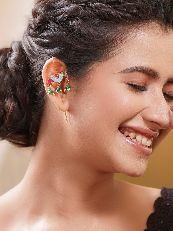 Gold Plated Brass Multicolour Enamel Bird Ear Cuff Earrings