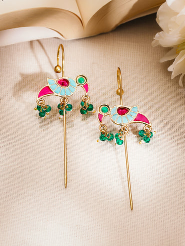 Gold Plated Brass Multicolour Enamel Bird Ear Cuff Earrings
