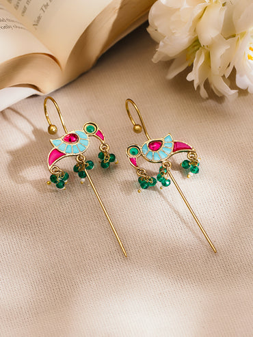 Gold Plated Brass Multicolour Enamel Bird Ear Cuff Earrings