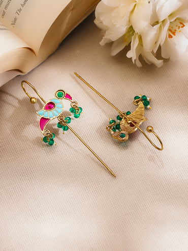 Gold Plated Brass Multicolour Enamel Bird Ear Cuff Earrings