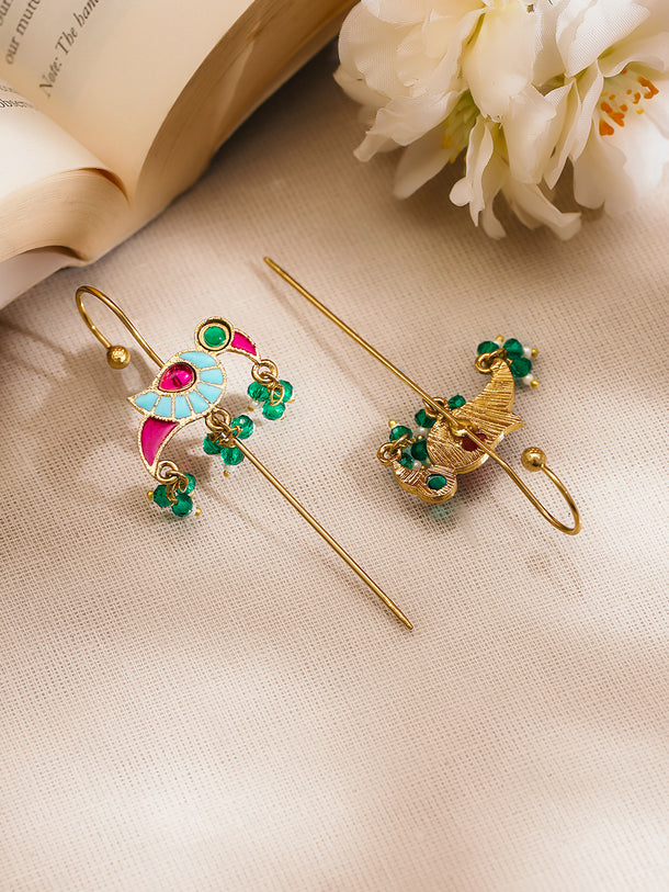 Gold Plated Brass Multicolour Enamel Bird Ear Cuff Earrings