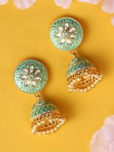 Rubans 18K Gold-Plated & Green Enamel Hand Painted Kundan Dome Shaped Handcrafted Jhumkas