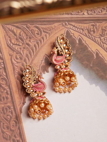 Rubans 22k Gold-Plated Handcrafted Kundan & Enamel Peacock Design Jhumka Earring