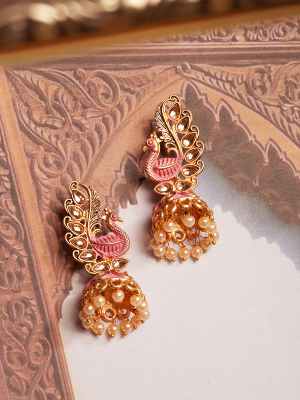 Rubans 22k Gold-Plated Handcrafted Kundan & Enamel Peacock Design Jhumka Earring