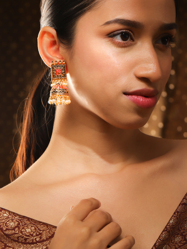 Rubans 24K Gold Plated Enamel Handpainted & White Beaded Filigree Jhumka Earrings