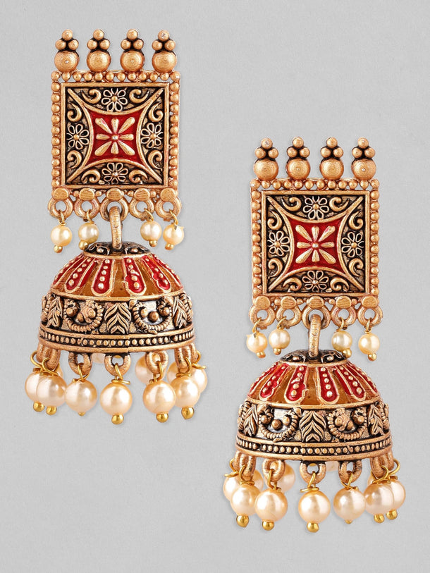Rubans 24K Gold Plated Enamel Handpainted & White Beaded Filigree Jhumka Earrings