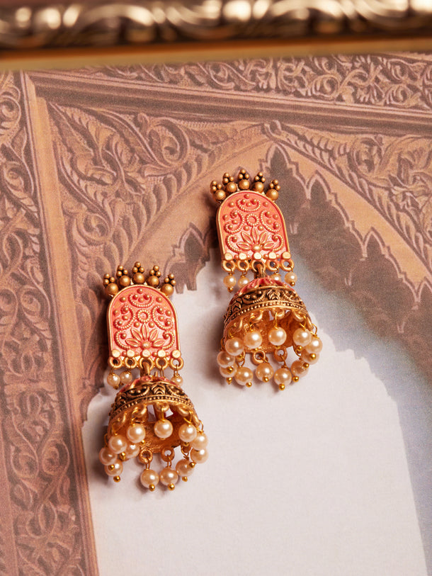 Rubans Gold-Toned & Red Enamelled Dome Shaped Pearl Jhumkas
