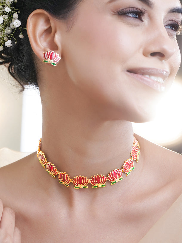 Lotus Tale Green & Pink Necklace Set