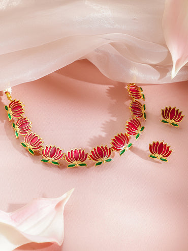 Lotus Tale Green & Pink Necklace Set