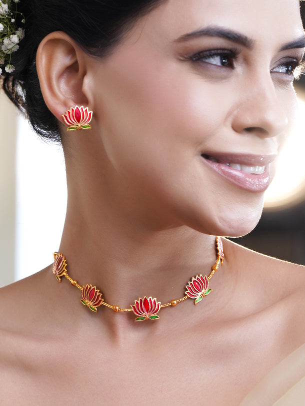 Green-Pink Divine Lotus Golden Necklace Set