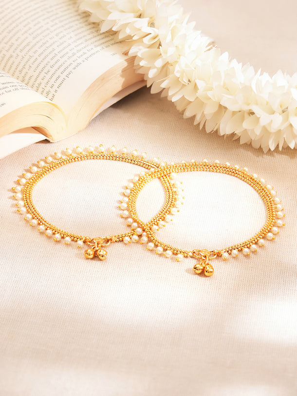 Set of 2 Gold Plated Pearl Beaded Ghungroo Anklets