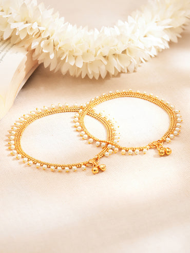 Set of 2 Gold Plated Pearl Beaded Ghungroo Anklets