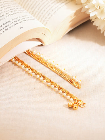 Set of 2 Gold Plated Pearl Beaded Ghungroo Anklets
