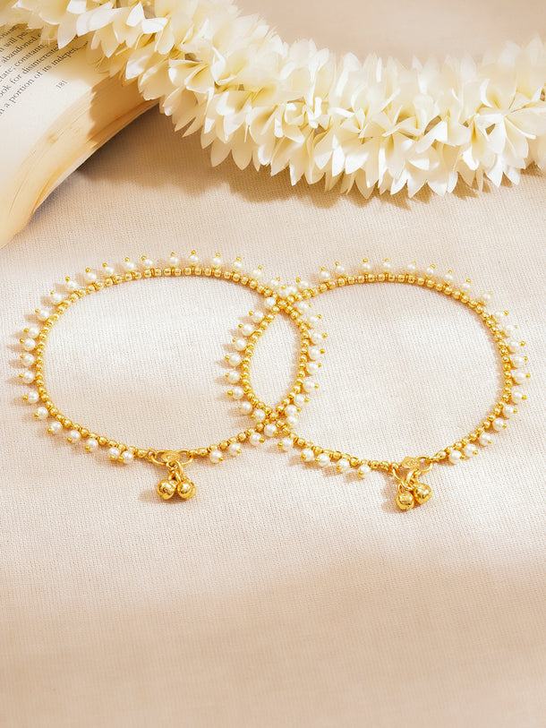 Set of 2 Gold Plated Pearl Beaded Ghungroo Anklets