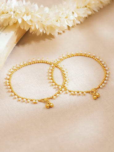Set of 2 Gold Plated Pearl Beaded Ghungroo Anklets