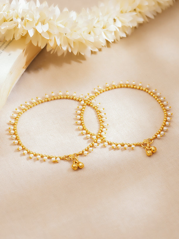 Set of 2 Gold Plated Pearl Beaded Ghungroo Anklets