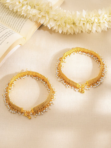 Set of 2 Gold Plated Pearl Beaded Anklets