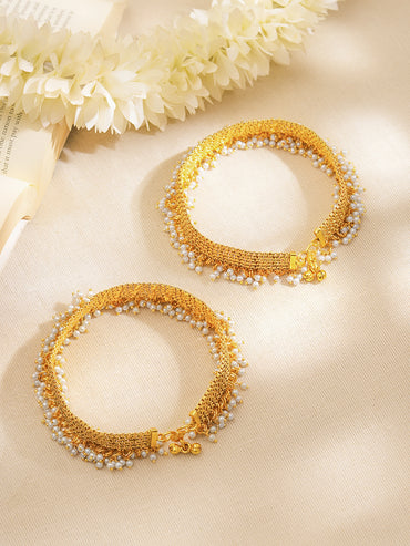Set of 2 Gold Plated Pearl Beaded Anklets