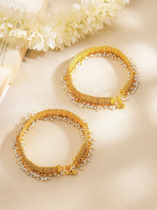 Set of 2 Gold Plated Pearl Beaded Anklets